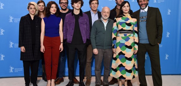André Aciman, who has unveiled the cover of Call me By Your Name's sequel Find Me, poses with cast and producers of 'Call Me by Your Name' during the 67th Berlinale International Film Festival Berlin at Grand Hyatt Hotel on February 13, 2017 in Berlin, Germany.