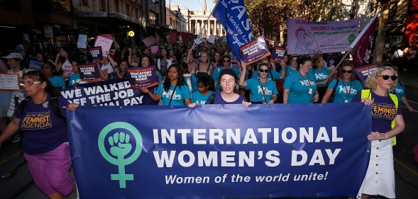 Thousands of demonstrators attend a rally for International Women's Day on March 8, 2017 in Melbourne, Australia. Marchers were calling for de-colonisation of Australia, an end to racism, economic justice for all women and reproductive justice, as well as supporting the struggle for the liberation of all women around the world, inclusive of trans women and sex workers.