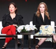 Actors Sandra Oh (L) and Jodie Comer of 'Killing Eve' speak onstage during the BBC America portion of the 2018 Winter Television Critics Association Press Tour at The Langham Huntington, Pasadena on January 12, 2018 in Pasadena, California.