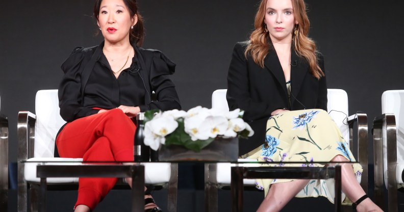 Actors Sandra Oh (L) and Jodie Comer of 'Killing Eve' speak onstage during the BBC America portion of the 2018 Winter Television Critics Association Press Tour at The Langham Huntington, Pasadena on January 12, 2018 in Pasadena, California.