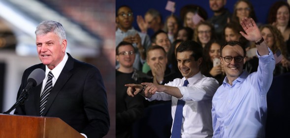 L - Franklin Graham, R - Presidential hopeful Pete Buttigieg with his husband Chasten