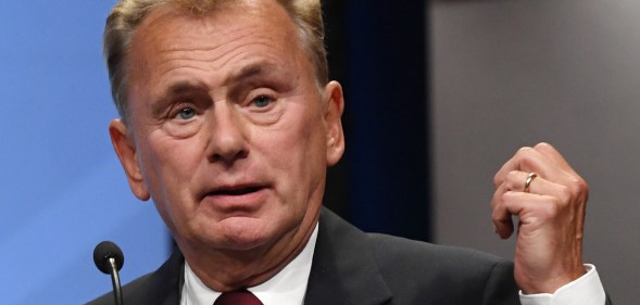 "Wheel of Fortune" host Pat Sajak speaks as he is inducted into the National Association of Broadcasters Broadcasting Hall of Fame during the NAB Achievement in Broadcasting Dinner at the Encore Las Vegas on April 9, 2018 in Las Vegas, Nevada.