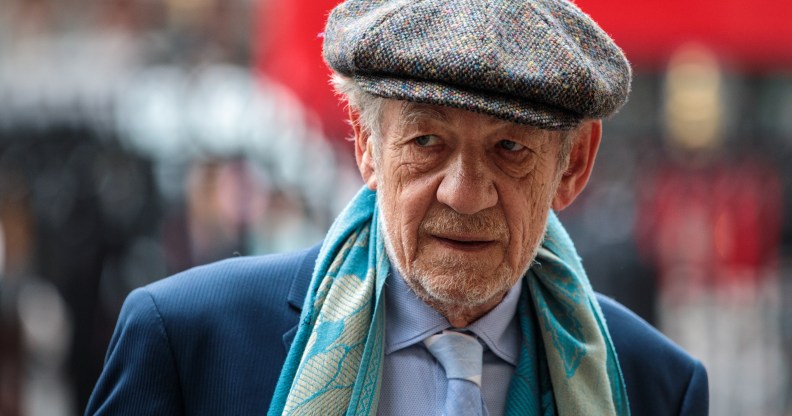 British actor Sir Ian McKellen arrives at Westminster Abbey for a memorial service for theatre great Sir Peter Hall OBE on September 11, 2018 in London, England.