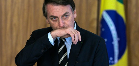 Brazilian President Jair Bolsonaro gestures during a ceremony of presentation of new diplomats' credentials at Planalto Palace in Brasilia, on March 8, 2019.