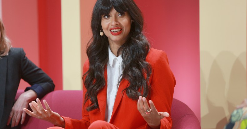 Jameela Jamil speaks on stage at the 2018 Girlboss Rally at Magic Box on April 28, 2018 in Los Angeles, California.