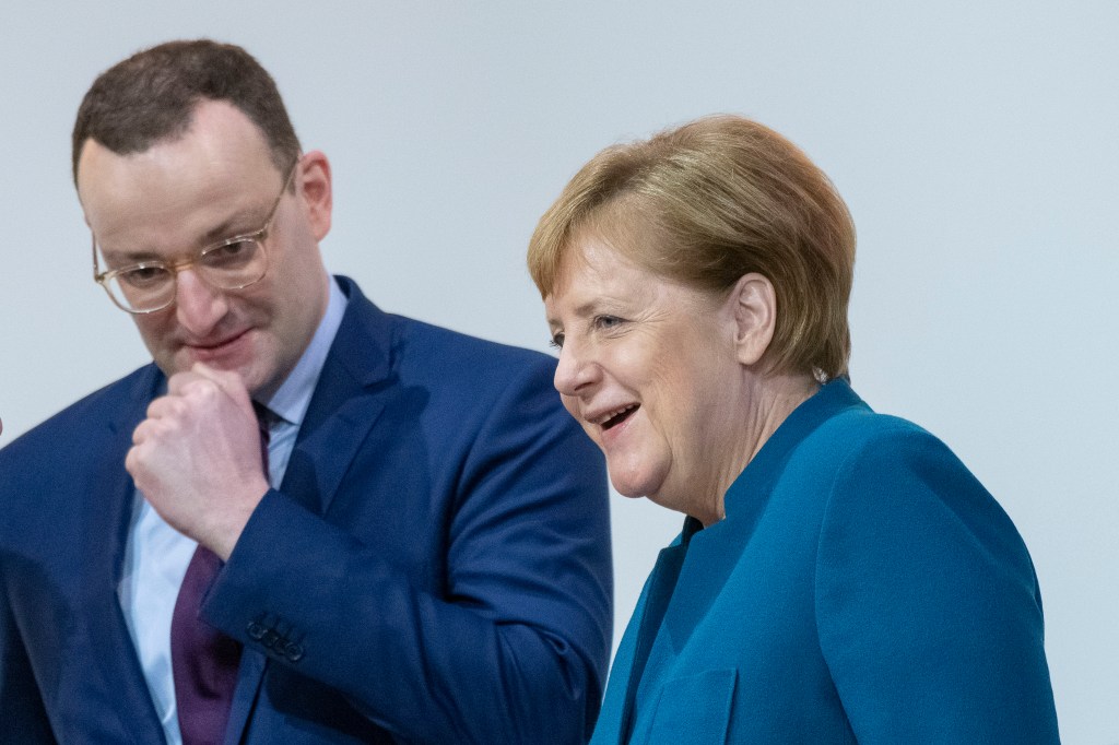 Jens Spahn and the German Chancellor Angela Merkel pictured at the federal executive board meeting on December 7, 2018 in Hamburg, Germany.