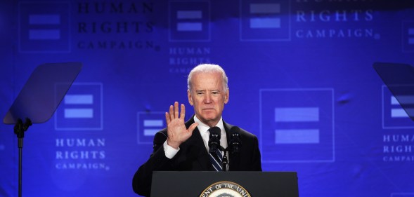 US Vice President Joseph Biden addresses the Spring Equality Convention of Human Rights Campaign (HRC) March 6, 2015 in Washington, DC.