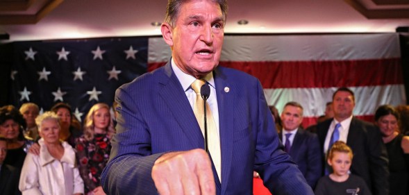 Senator Joe Manchin (D-WV) celebrates at his election day victory party at the Embassy Suites on November 6, 2018 in Charleston, West Virginia.