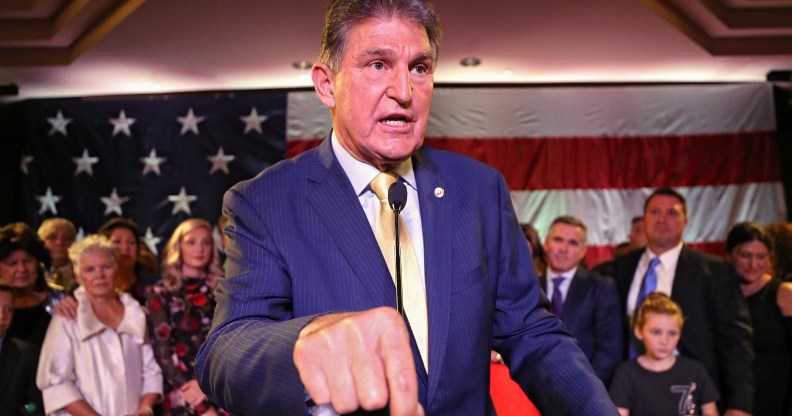 Senator Joe Manchin (D-WV) celebrates at his election day victory party at the Embassy Suites on November 6, 2018 in Charleston, West Virginia.