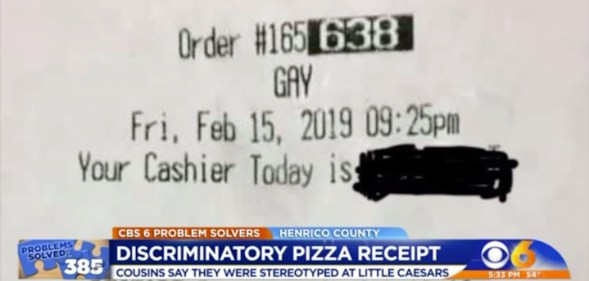Little Caesars receipt with "gay" on it