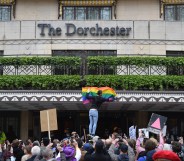 Protest outside The Dorchester hotel in London opposes death penalty for gay sex introduced by Brunei.