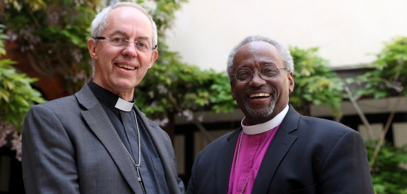 Archbishop of Canterbury Justin Welby with American bishop Michael Curry at St George's Chapel, Windsor, ahead of the royal wedding of Prince Harry and Meghan Markle on May 18, 2018 in Windsor, England.