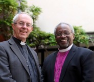 Archbishop of Canterbury Justin Welby with American bishop Michael Curry at St George's Chapel, Windsor, ahead of the royal wedding of Prince Harry and Meghan Markle on May 18, 2018 in Windsor, England.