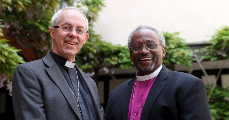 Archbishop of Canterbury Justin Welby with American bishop Michael Curry at St George's Chapel, Windsor, ahead of the royal wedding of Prince Harry and Meghan Markle on May 18, 2018 in Windsor, England.
