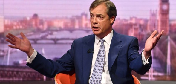 Leader of The Brexit Party Nigel Farage appears on The Andrew Marr Show on May 11, 2019 in London, England.