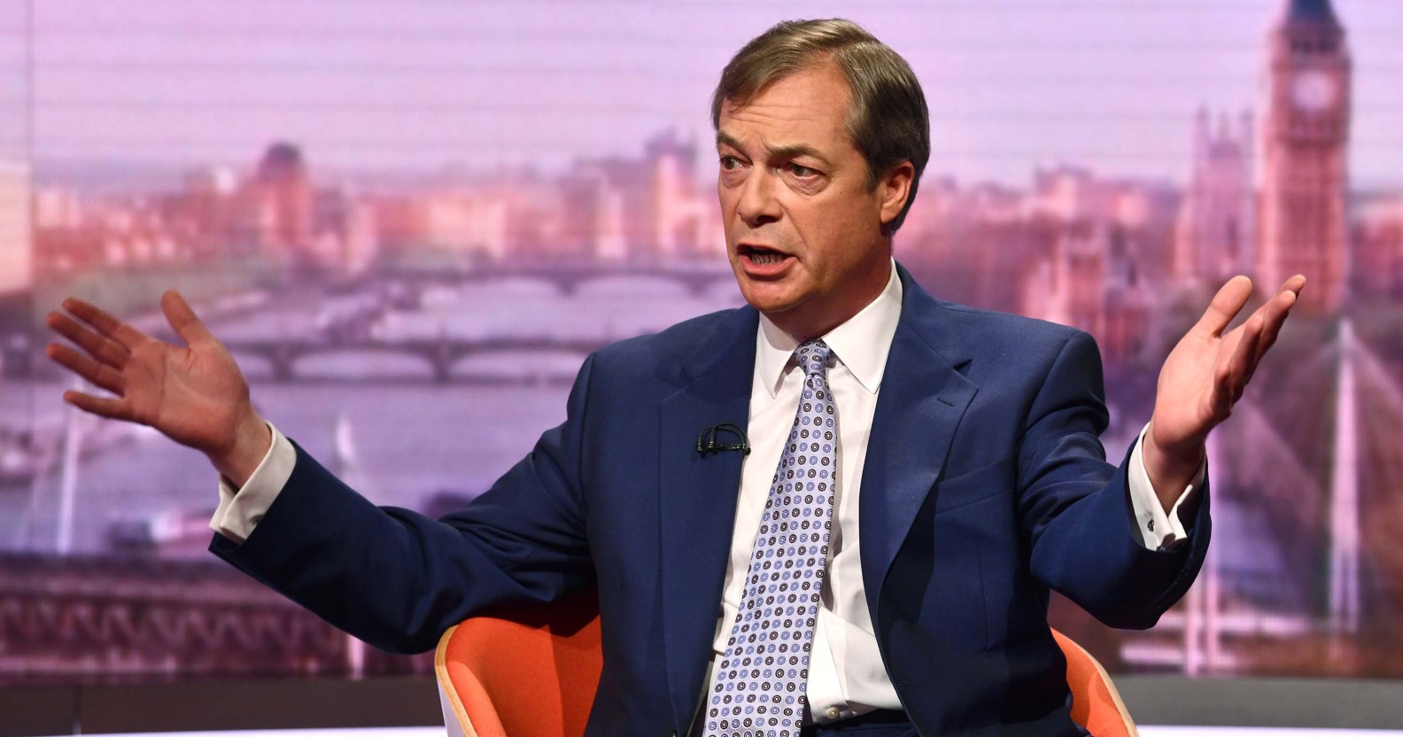 Leader of The Brexit Party Nigel Farage appears on The Andrew Marr Show on May 11, 2019 in London, England.