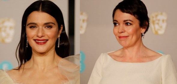 British actors Rachel Weisz and Olivia Colman pose on the red carpet upon arrival at the BAFTAs at the Royal Albert Hall in London on February 10, 2019.