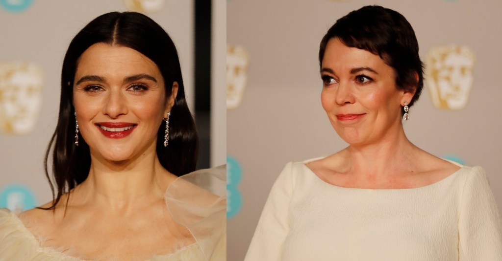 British actors Rachel Weisz and Olivia Colman pose on the red carpet upon arrival at the BAFTAs at the Royal Albert Hall in London on February 10, 2019.