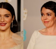 British actors Rachel Weisz and Olivia Colman pose on the red carpet upon arrival at the BAFTAs at the Royal Albert Hall in London on February 10, 2019.