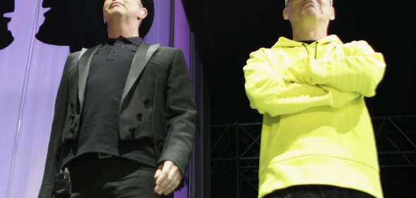 Neil Tennant and Chris Lowe of Pet Shop Boys perform as part of HM Tower Of London Festival Of Music's inaugural jazz and opera festival at HM Tower of London on June 28, 2006 in London, England.