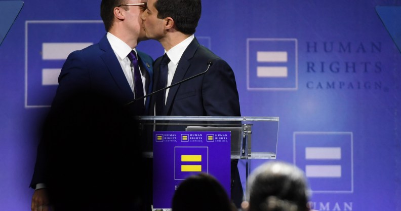 Chasten Glezman Buttigieg kisses his husband, South Bend, Indiana Mayor Pete Buttigieg, after he delivered a keynote address at the Human Rights Campaign's (HRC) 14th annual Las Vegas Gala at Caesars Palace on May 11, 2019 in Las Vegas, Nevada.