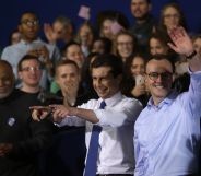 South Bend Mayor Pete Buttigieg acknowledges attendees with his husband Chasten Buttigieg after announcing his presidential candidacy for 2020 during an event on Sunday, April 14, 2019 in South Bend, Indiana.