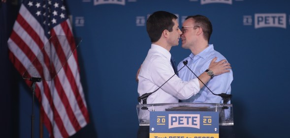 South Bend Mayor Pete Buttigieg greets his husband Chasten after announcing that he will be seeking the Democratic nomination for president during a rally in the old Studebaker car factory on April 14, 2019 in South Bend, Indiana.