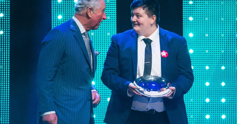 Prince Charles, Prince of Wales with winner of the Educational Award, Jay Kelly during the annual Prince's Trust Awards at the London Palladium on March 13, 2019 in London, England.