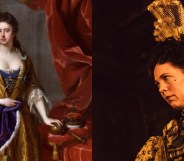 Painting of Queen Anne in the 18th century next to Olivia Colman as Queen Anne in The Favourite, a tale about a LGB monarch