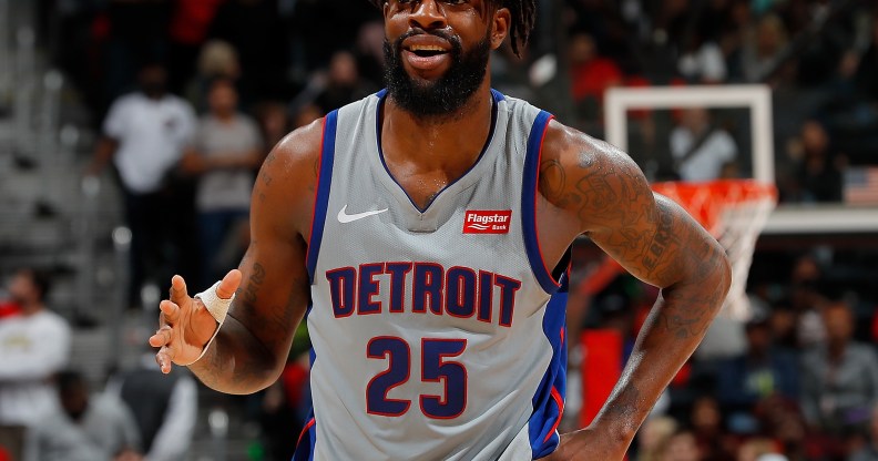 Reggie Bullock #25 of the Detroit Pistons reacts during the game against the Atlanta Hawks at Philips Arena on February 11, 2018 in Atlanta, Georgia.