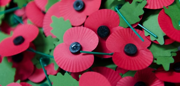A pile of the iconic red emblem of the British Legion's annual poppy appeal sits on a work bench at the company headquarters in Richmond, London on November 7, 2012 in London, England.
