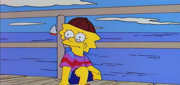 Lisa Simpson sits on a pier during 1996 episode of The Simpsons, Summer of 4 Ft. 2.