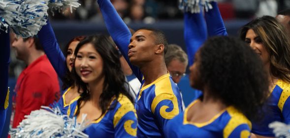Rams cheerleader Napoleon Jinnies performs with other cheerleaders during Super Bowl LIII between the New England Patriots and the Los Angeles Rams at Mercedes-Benz Stadium in Atlanta, Georgia, on February 3, 2019