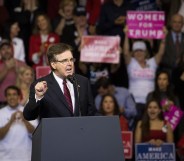 Texas Lt. Governor Dan Patrick addresses the crowd at a rally in support of Sen. Ted Cruz (R-TX) on October 22, 2018 at the Toyota Center in Houston, Texas.