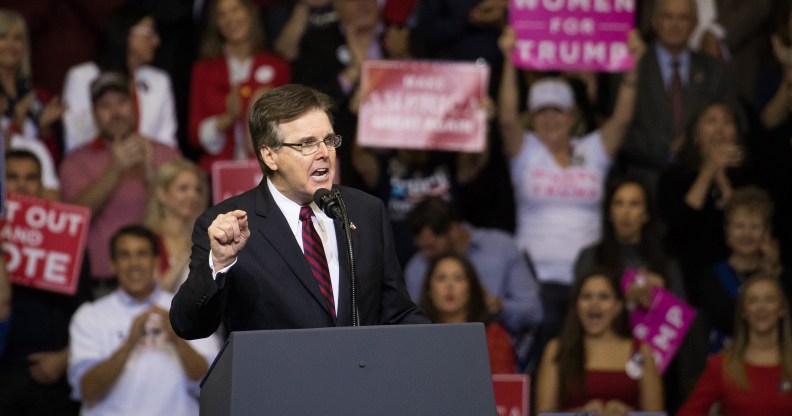 Texas Lt. Governor Dan Patrick addresses the crowd at a rally in support of Sen. Ted Cruz (R-TX) on October 22, 2018 at the Toyota Center in Houston, Texas.