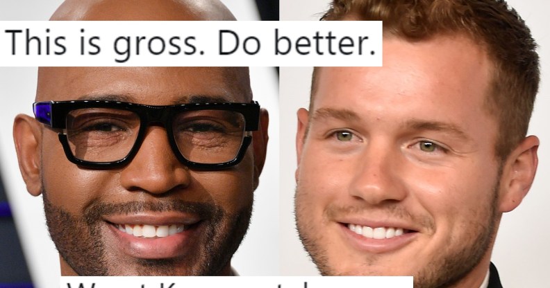 Colton Underwood from The Bachelor next to Queer Eye star Karamo Brown, overlaid with tweets.