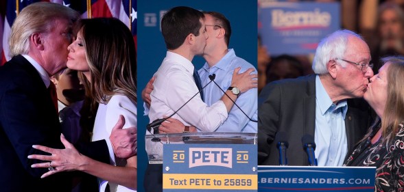L - Donald Trump kisses his wife, Melania Trump. C - Pete Buttigieg and Chasten Buttigieg apparently make a brazen political statement. R - Bernie Sanders kisses his wife, Jill Sanders.