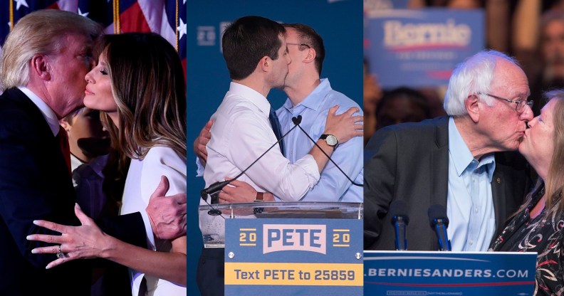 L - Donald Trump kisses his wife, Melania Trump. C - Pete Buttigieg and Chasten Buttigieg apparently make a brazen political statement. R - Bernie Sanders kisses his wife, Jill Sanders.