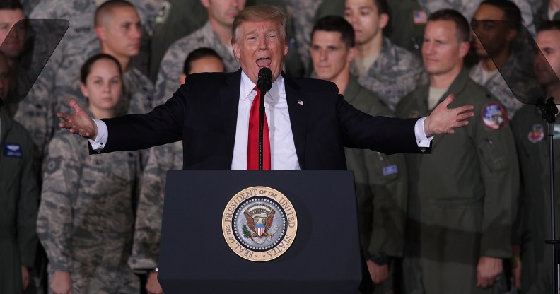 President Donald Trump speaks to Air Force personnel