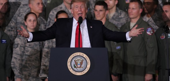 President Donald Trump speaks to Air Force personnel