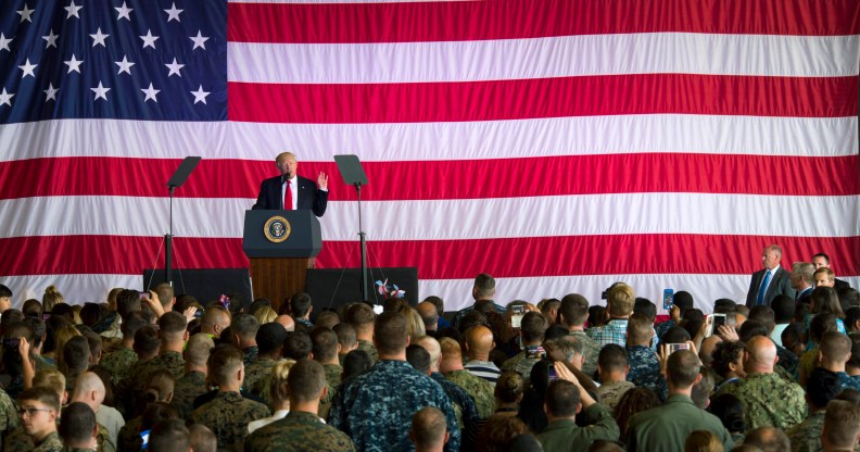 US Air Force: President Donald J. Trump speaks to service members and their families at Naval Air Station Sigonella during an all-hands call May 27, 2017 in Sigonella, Italy