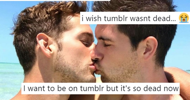A Tumblr picture of two men kissing, overlaid with tweets about Tumblr.