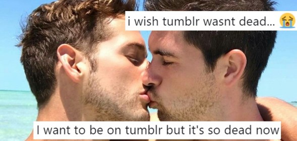 A Tumblr picture of two men kissing, overlaid with tweets about Tumblr.