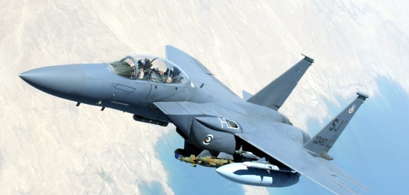 A U.S. Air Force F-15 Strike Eagle flies over Southwest Asia during combat operations on July 6, 2004.