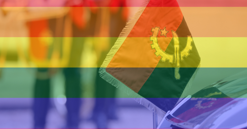 Angola flag overlaid with the LGBT pride flag