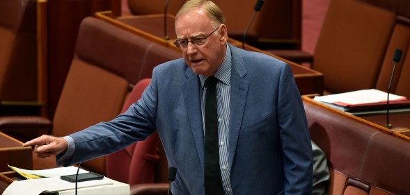 Senator Ian Macdonald, who has repeatedly asked his Senate committee about gay parents, makes a point of order during the debate of the marriage equality bill in the Senate at Parliament House on November 29, 2017 in Canberra, Australia