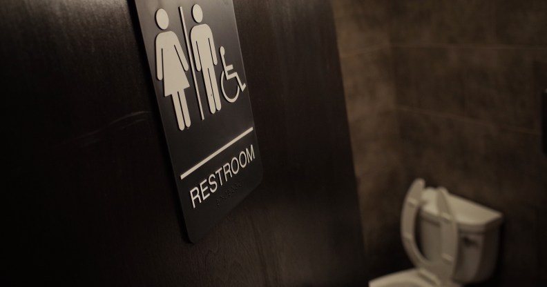 A gender neutral bathroom is seen at a coffee shop in Washington, DC, on May 5, 2016.