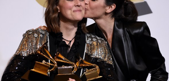 Lesbian Grammy winner Brandi Carlile celebrates with her wife, Catherine Shepherd.