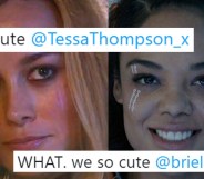 Photos of Brie Larson and Tessa Thompson, overlaid with tweets from the pair.