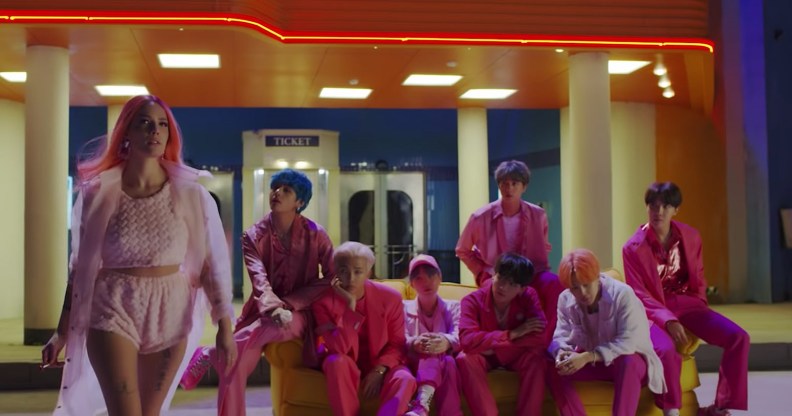 BTS and Halsey in a still from the teaser trailer for "Boys With Luv," the title track of new album Map of the Soul: Persona.